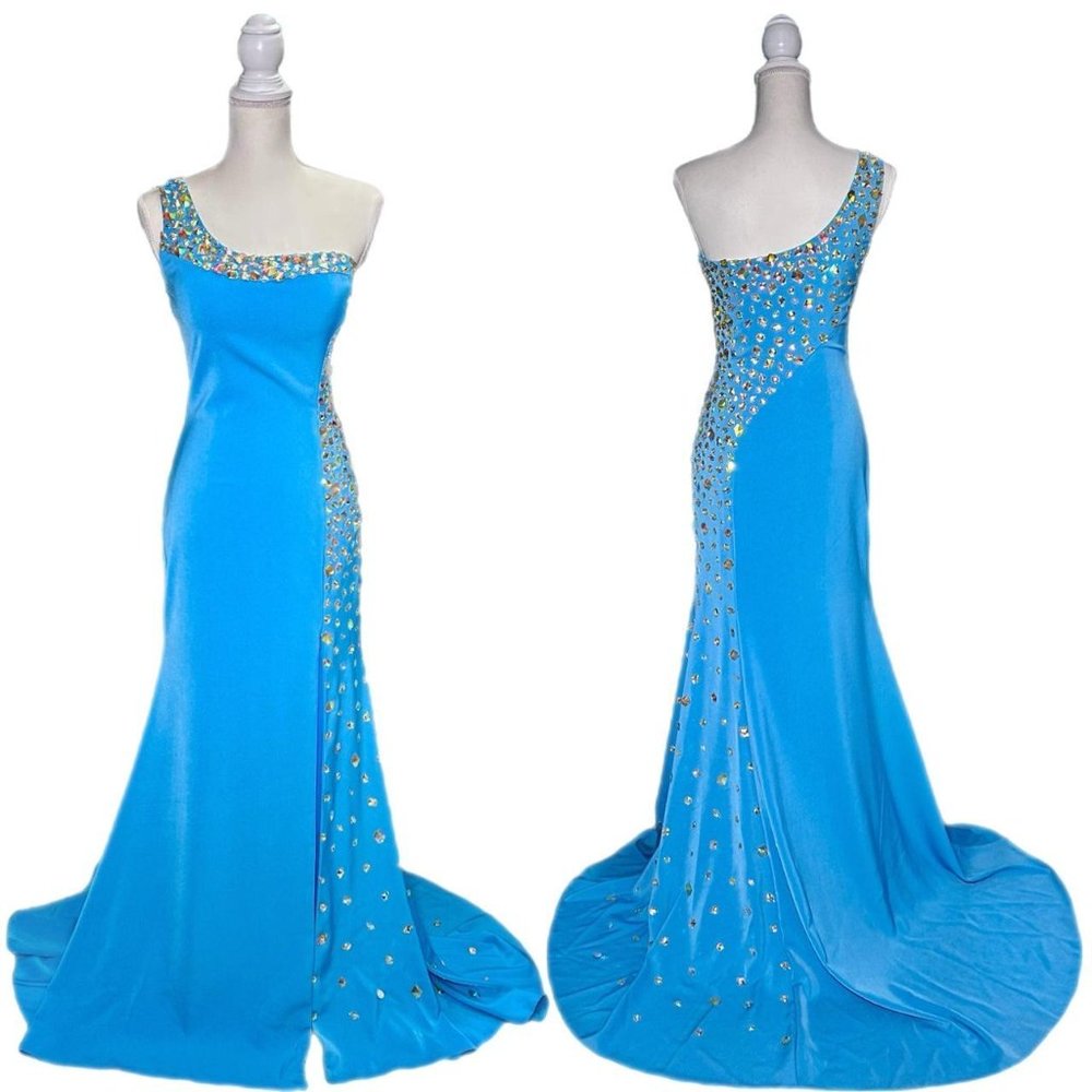Vintage Turquoise Blue w/ Beaded Jewels One Shoulder Evening Gown Prom Dress